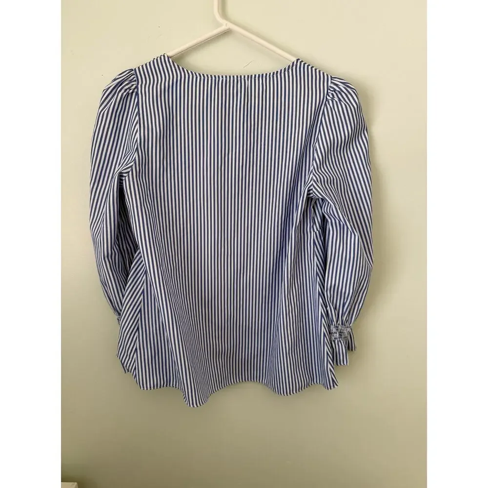 TUCKERNUCK Preppy Nautical Stripes Puff Sleeve Summer Beachy V-Neck Blouse